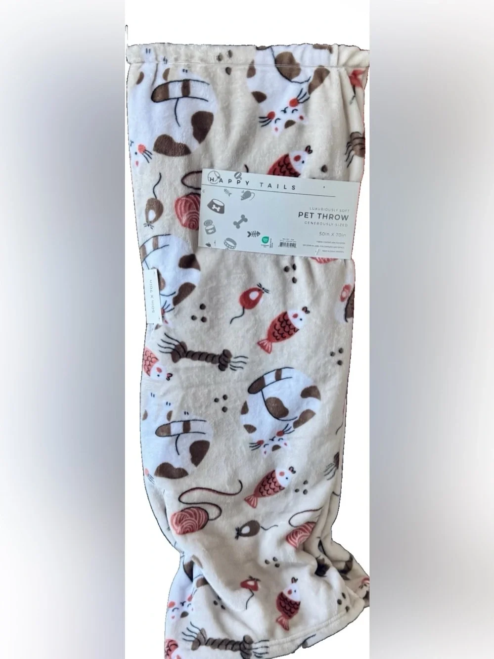 Happy Tails Adorable Throw Blanket for Pets & People w/Cats, Cat Toys, Fish NWT